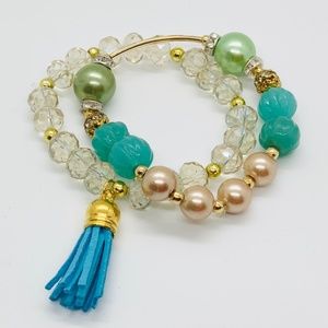 Peruvian Glass Bead Charm Tassel Bracelet Set